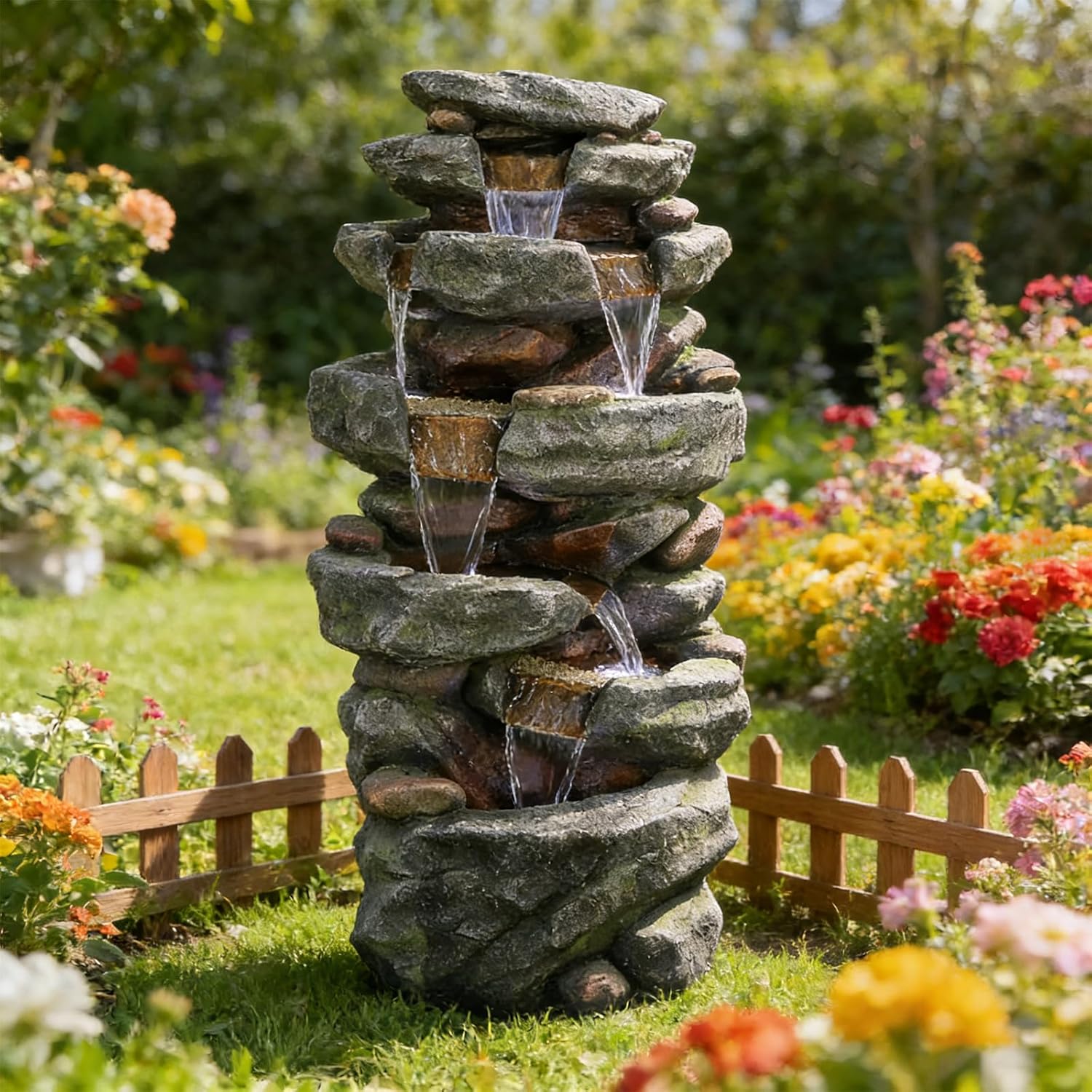 Naturefalls 40.55inches High Outdoor Rock Water Fountain with LED Lights - 6-Tiers Poly-Resin Cascading Waterfall Fountain for Garden, Patio, Yard, Home Decor