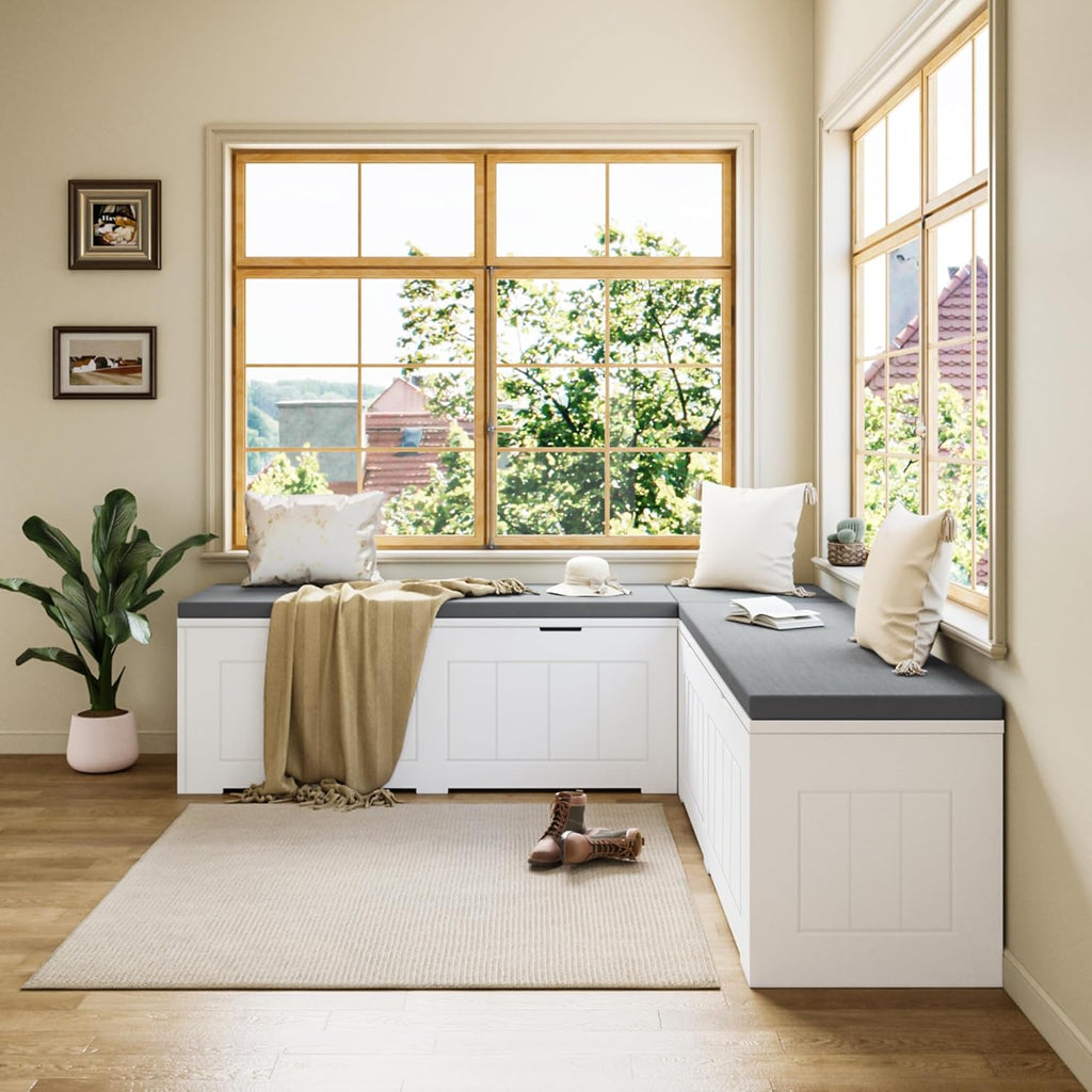 L-Shaped Corner Storage Bench Compartments & Cushioned Seat, Kitchen Breakfast Nook Bench with Hidden Storage, Wood Flip-Top Shoe Benches for Entryway Cloakroom, White & Grey