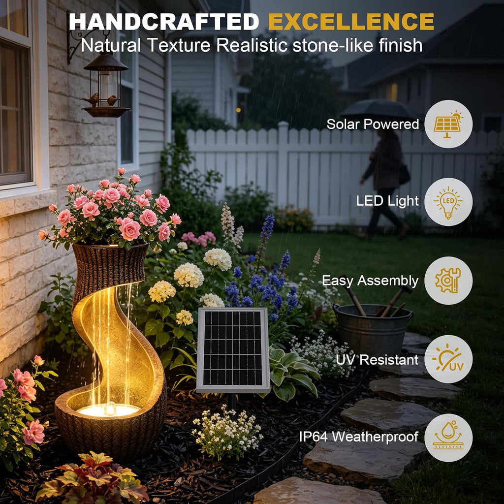 Solar Water Fountain Outdoor with LED Lights & Planter, 26.8' Modern S-Shaped Waterfall Fountain with Battery Backup, IP64 Weatherproof Resin Floor Fountain for Garden, Patio, Porch, and Home Decor