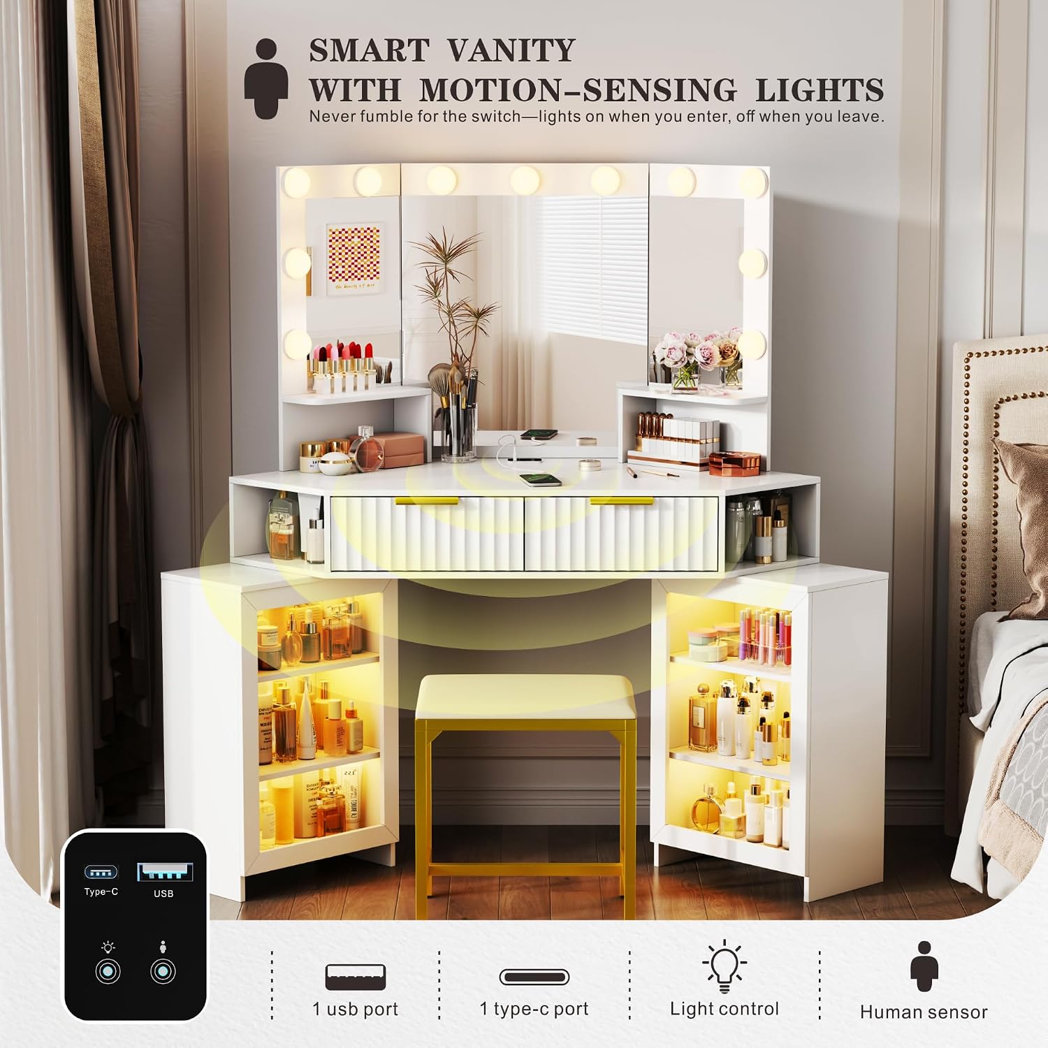 Vanity Desk with Charging Station & LED Lights Mirror – Corner Design HD Triple Mirror Makeup Vanity Table Set with Storage Drawers & Chair for Living Room/Bedroom Ideal Gift (White)