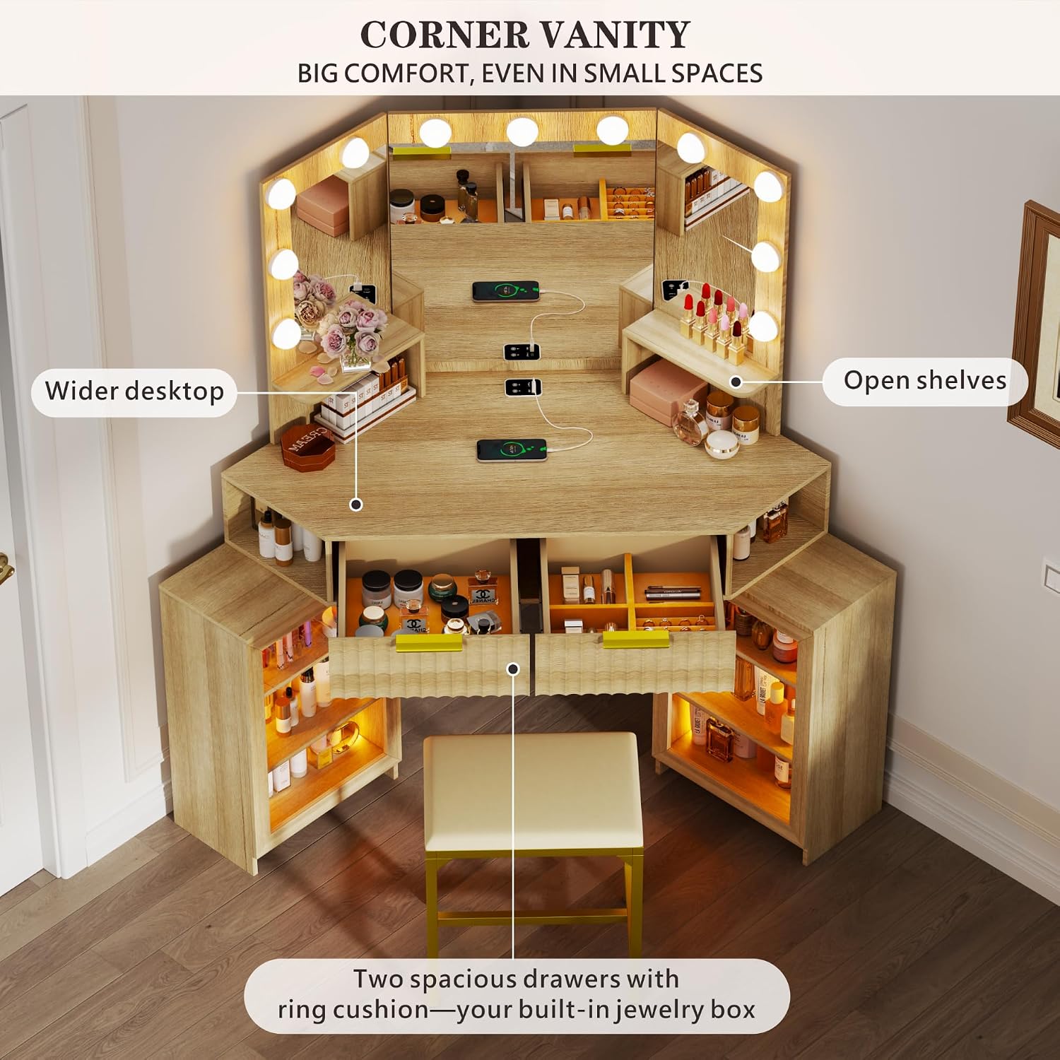 Vanity Desk with LED Lights Mirror & Power Outlet – Corner Design, Makeup Vanity Table Set with Storage Drawers & Chair, 3 Lighting Modes for Living Room/Bedroom, Ideal for Gift (Wood)