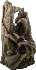 Alpine Corporation 40' Tall 4-Tier Rainforest Tree Trunk Waterfall Fountain with LED Lights, Outdoor Garden, Patio, Yard, and Porch Water Feature Decor