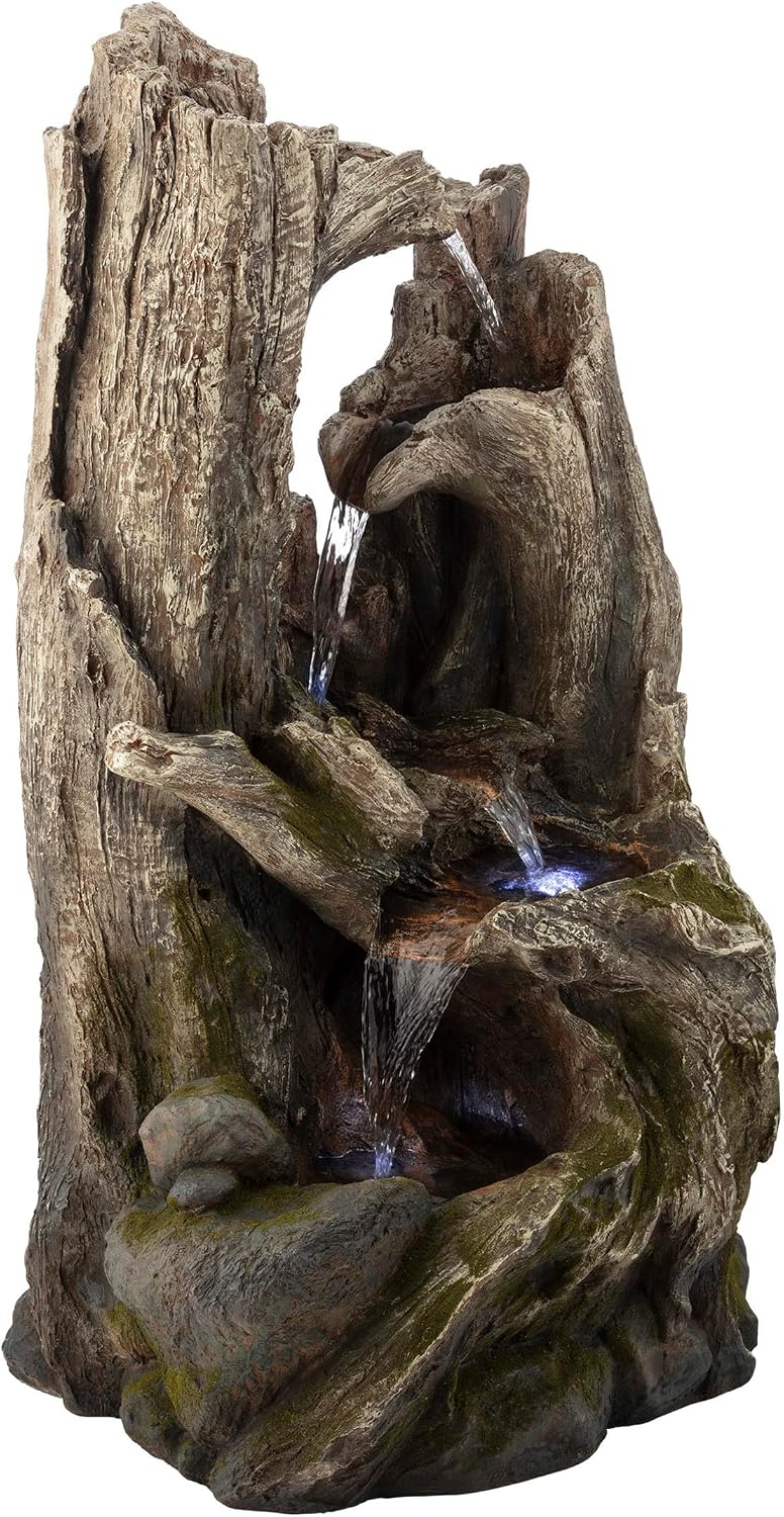 Alpine Corporation 40' Tall 4-Tier Rainforest Tree Trunk Waterfall Fountain with LED Lights, Outdoor Garden, Patio, Yard, and Porch Water Feature Decor