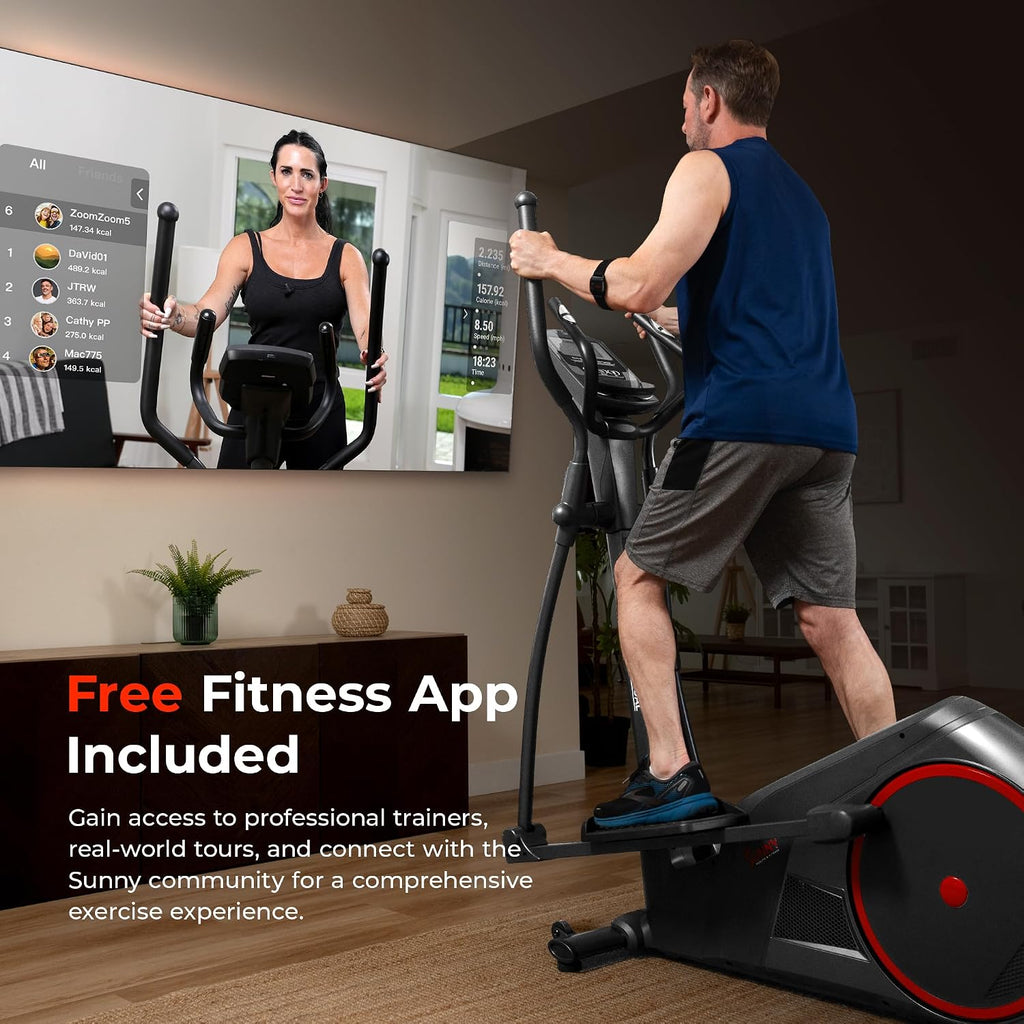 Sunny Health & Fitness Elliptical Machine with Extended Stride, Ultra Quiet 300 lbs Capacity Cross Training Cardio Fully Body Exercise for Home, Sunny Fit App Access, Optional 12' or 16' Stride Length