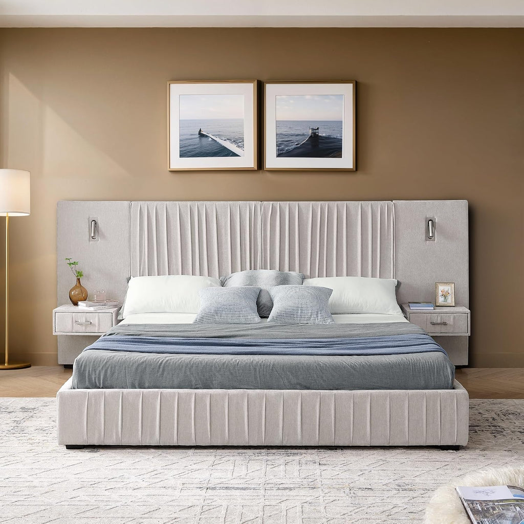 Queen Size Upholstered Platform Bed Frame with Headboard & Built-in Nightstand, Luxury Bed Frame for Modern Bedroom Sets, No Box Spring Needed, Stable & Adjustable Lighting(Beige)