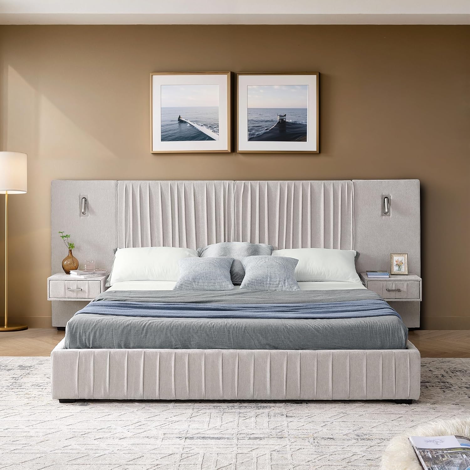 Queen Size Upholstered Platform Bed Frame with Headboard & Built-in Nightstand, Luxury Bed Frame for Modern Bedroom Sets, No Box Spring Needed, Stable & Adjustable Lighting(Beige)