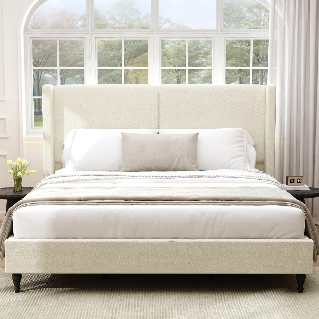 KEIKI King Size Boucle Platform Bed, Upholstered Metal Bed Frame with Tall Headboard, Wingback Solid Tufted Bedframe Queen-Size, Wood Slat Support, No Box Spring Needed, Easy Assembly, Beige