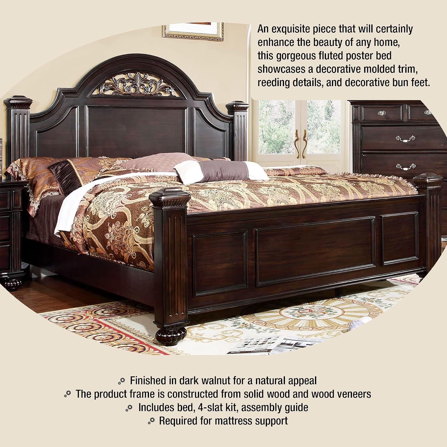 Furniture of America Malierd Transitional Fluted Poster King-Size Panel Bed, Box Spring Required for Bedroom, Guest Room Bed, Dark Walnut Brown