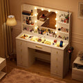 LAKEMID Vanity Desk with Mirror and Lights,Large Makeup Vanity Table Transparent Glass Top with 9 Drawers & Power Outlet,3 Lighting Modes,White Vanity Desk Dressing Table for Women Bedroom