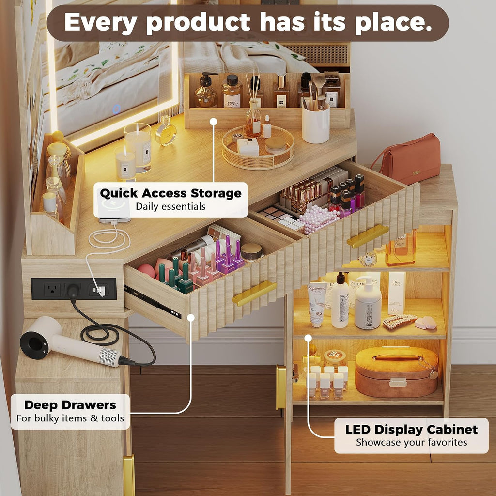 Hexagonal Corner Vanity Desk with Lighted Arched Mirror, Oak Makeup Table Set with Charging Station, 2 Fluted Drawers, Cabinets & Stool, Flat Wall or Corner Placement (Natural Wood)