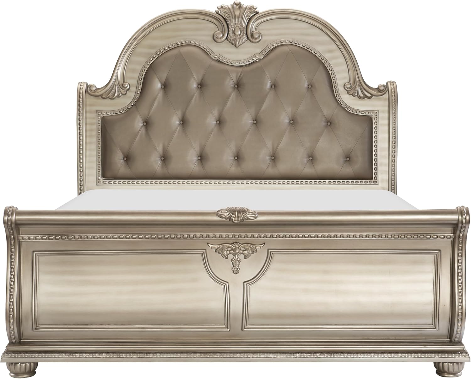 New Formal Traditional 6pc Set California King Size Faux Leather Tufted Bed Silver Finish Classic Design Marble Top Bedroom Furniture