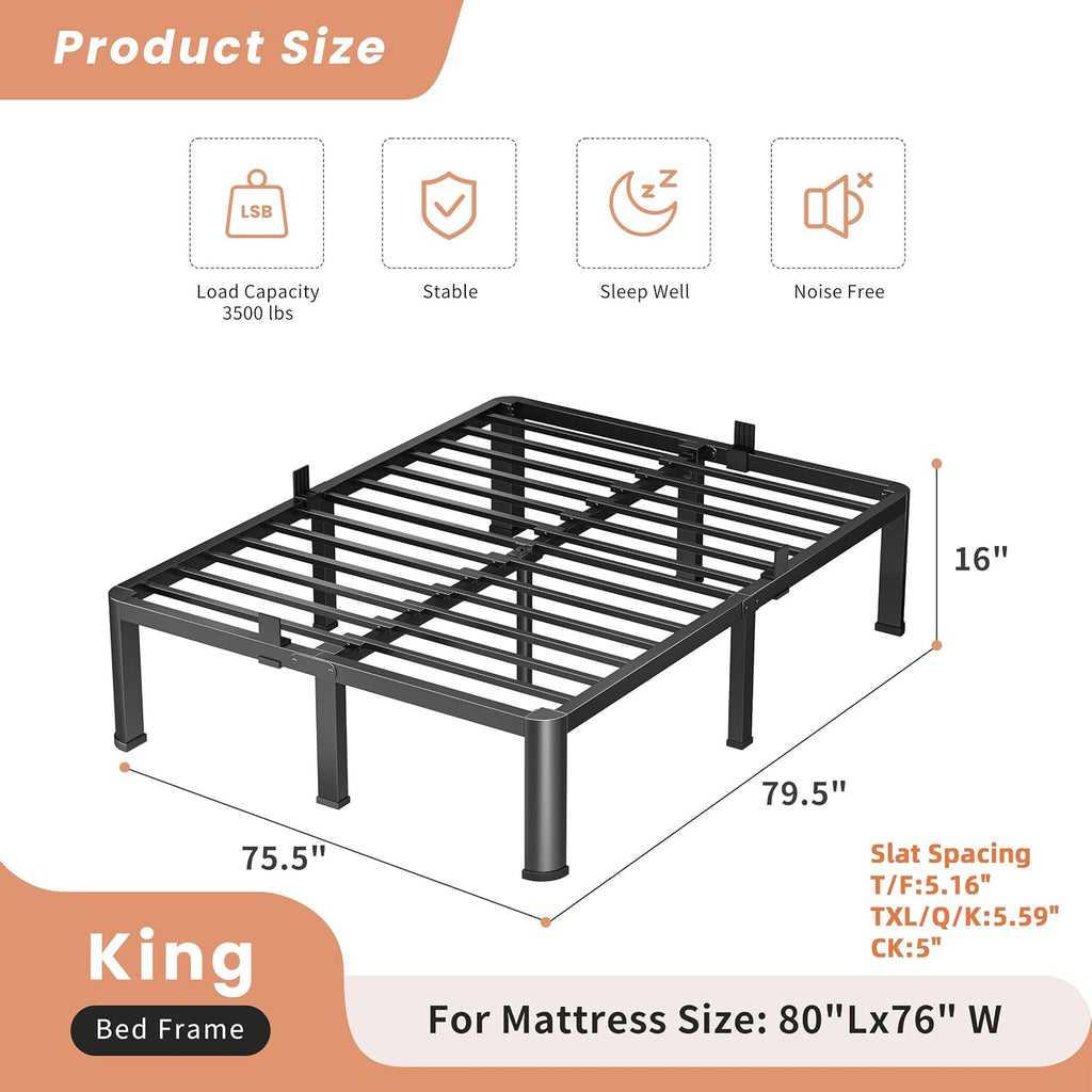VIPSHOW 16 Inch King Heavy Duty 3500 lbs Bed Frame with Round-Corner Legs & Anti-Squeak Design – Quick Assembly Metal Platform, No Box Spring Needed