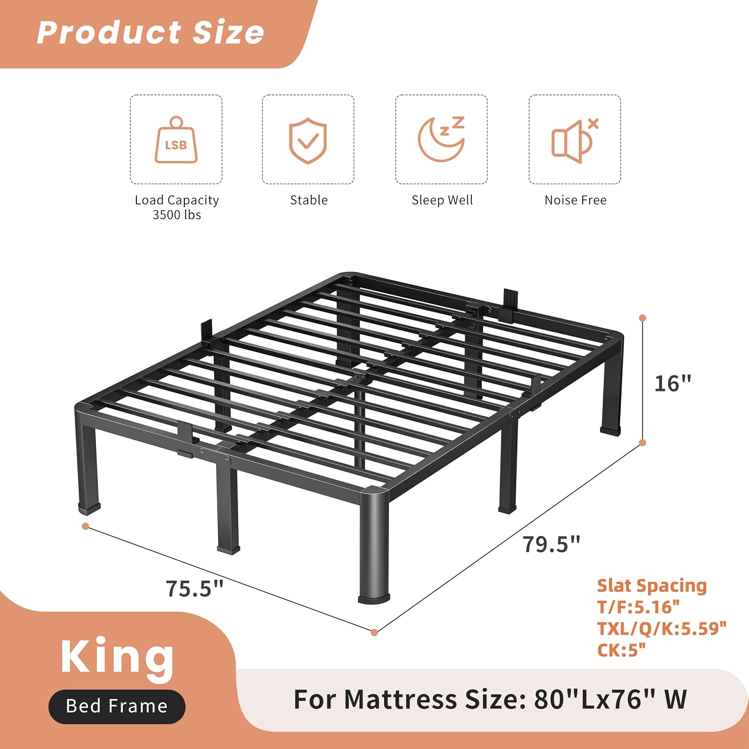 VIPSHOW 16 Inch King Heavy Duty 3500 lbs Bed Frame with Round-Corner Legs & Anti-Squeak Design – Quick Assembly Metal Platform, No Box Spring Needed