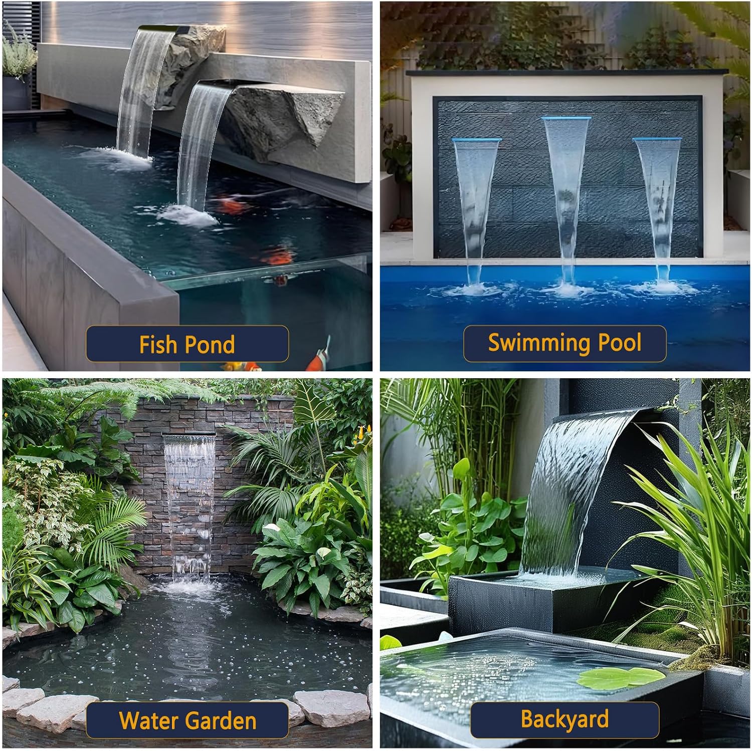 AquaMiracle Pond Waterfall Kit with LED Lights, All-in-1 Stainless Steel Spillway with 800GPH Water Pump, Outdoor Waterfall Fountain for Garden, Backyard & Pool Decor (18inch)