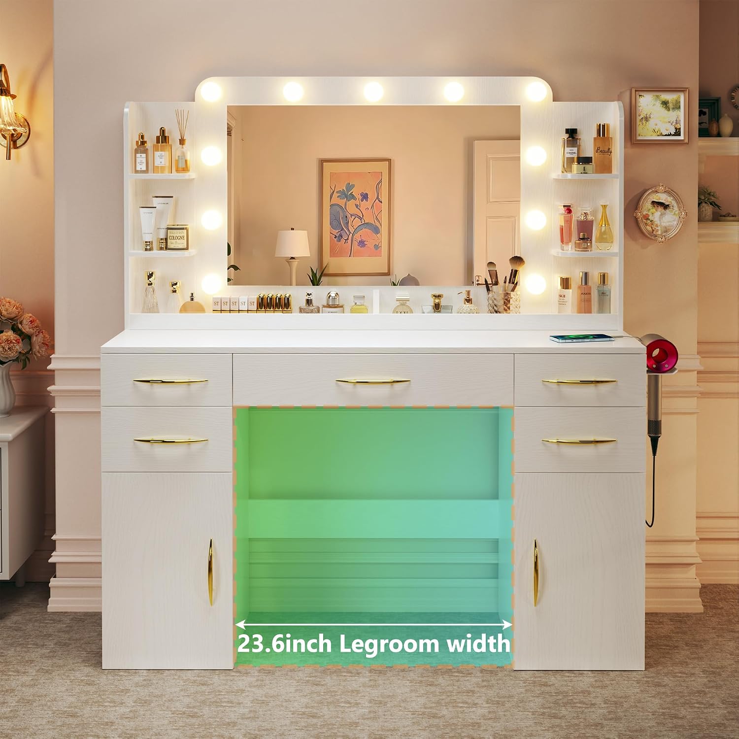 Large Vanity Desk with Mirror and Lights, 50' Wide Makeup Vanity Table, 3 Lighting Modes, Built-in Power Outlet, 5 Drawers & 2 Cabinets, Spacious 23.6' Legroom, Milky White