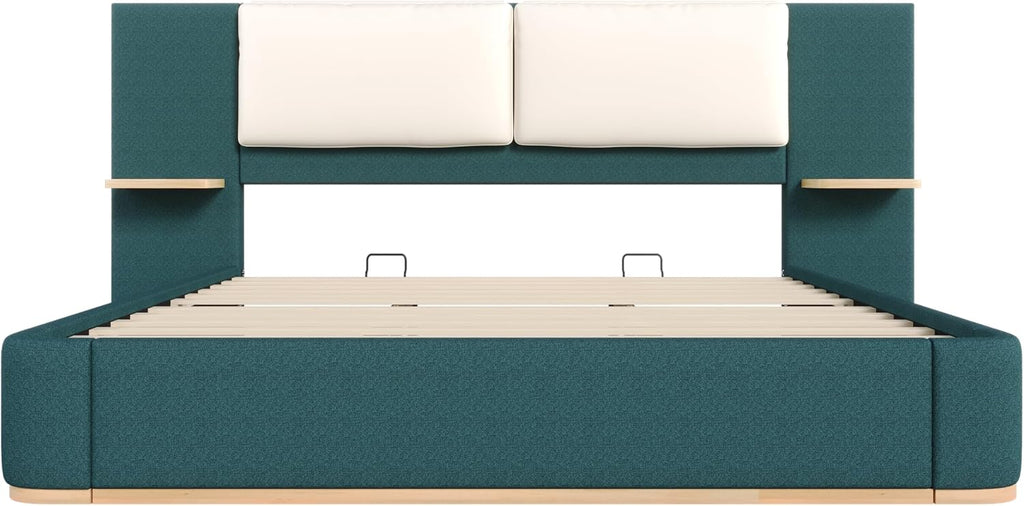 Green Bed Frame with Soft Upholstered Storage Tall Headboard, King Size Floor Platform Bed Frames, Anti-Collision Curved Footboard Bedroom Sets,No Box Spring Needed (Green, King)