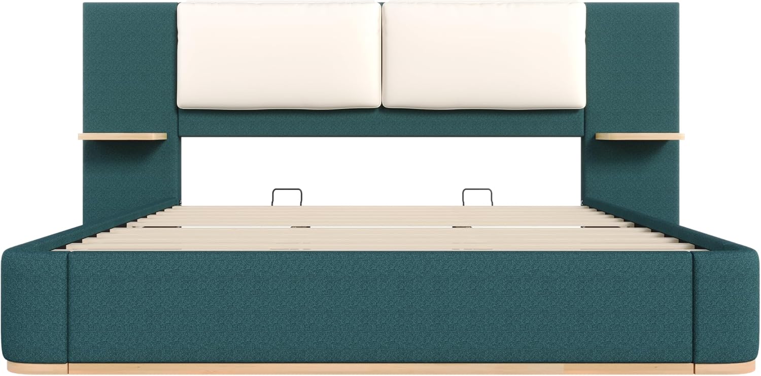 Green Bed Frame with Soft Upholstered Storage Tall Headboard, King Size Floor Platform Bed Frames, Anti-Collision Curved Footboard Bedroom Sets,No Box Spring Needed (Green, King)