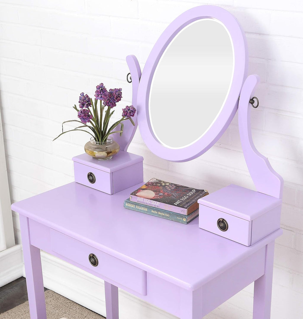 Roundhill Furniture Moniys Wood Moniya Makeup Vanity Table and Stool Set, Purple