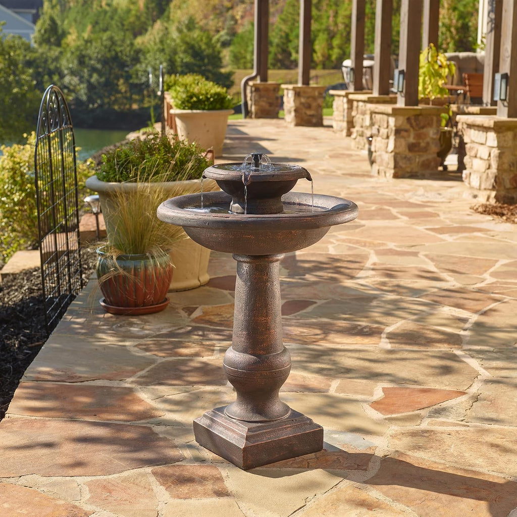 Smart Solar Chatsworth IntelliSolar® 2-Tiered Outdoor Solar-Powered Fountain with Remote, Bubbler, and Spray, Classic Pedestal Solar Garden Fountain, Bronze