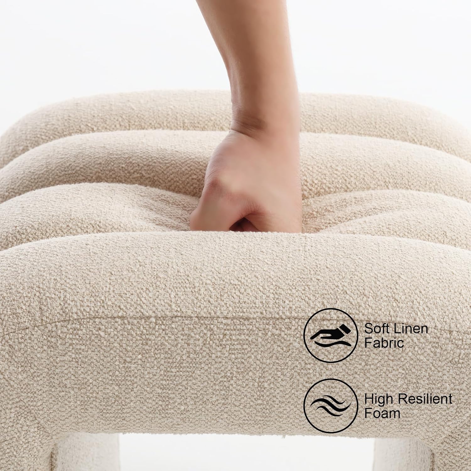 Flouki Ottoman Foot Stool with Channel Tufted, Small Ottoman Bench for Entryway, Modern Vanity Stool Chair, Upholstered Foot Rest Extra Seat for Living Room (Beige Linen)