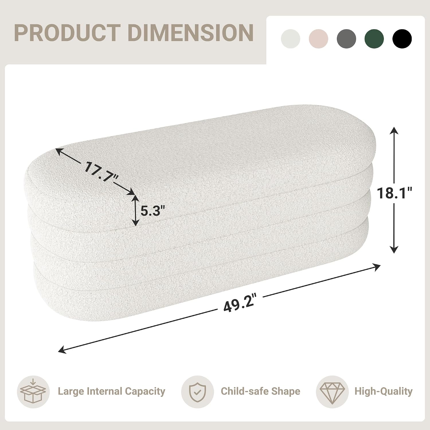 Busaurus Storage Ottoman Bench 49.2 Inch Upholstered Fabric Storage Bench for Bedroom End of Bed Aesthetic Large Oval Ottoman for Living Room Entryway (Ivory)