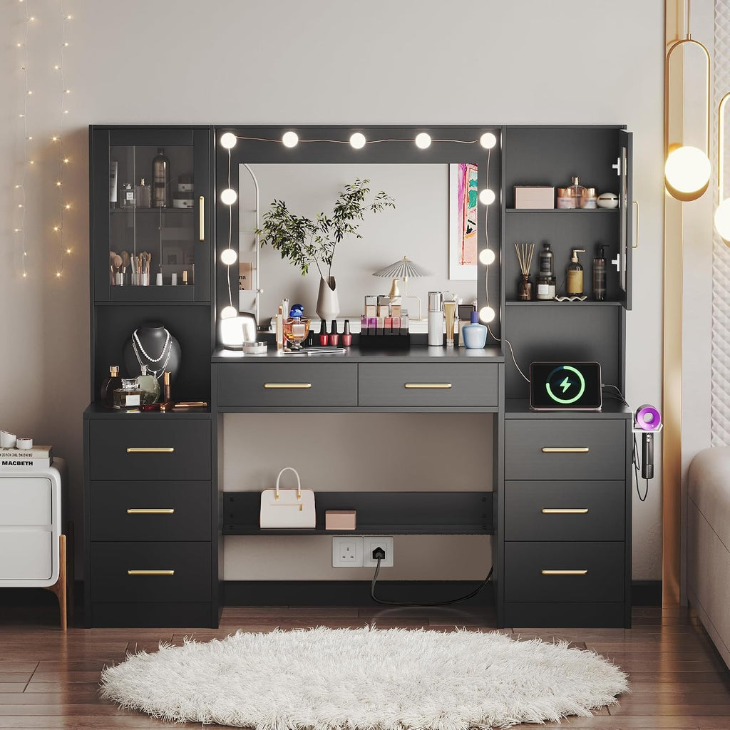 TOKSOM Large Black Vanity Desk with Mirror and Charging Station, Makeup Desk with 8 Drawers, 2 Cabinets and Lots Storage, Dressing Table Vanity Set for Girls Without Lights, 58.3 inch Black