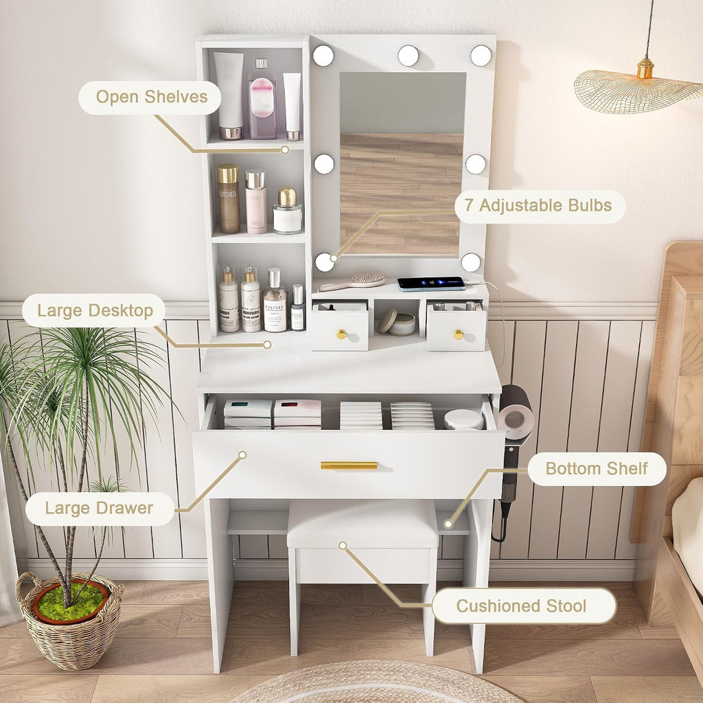 Runboll Small Vanity Desk with Mirror and Lights, Compact Makeup Vanity with Power Strip & Hairdryer Holder, Dressing Table Set with Stool, Drawers & Shelves