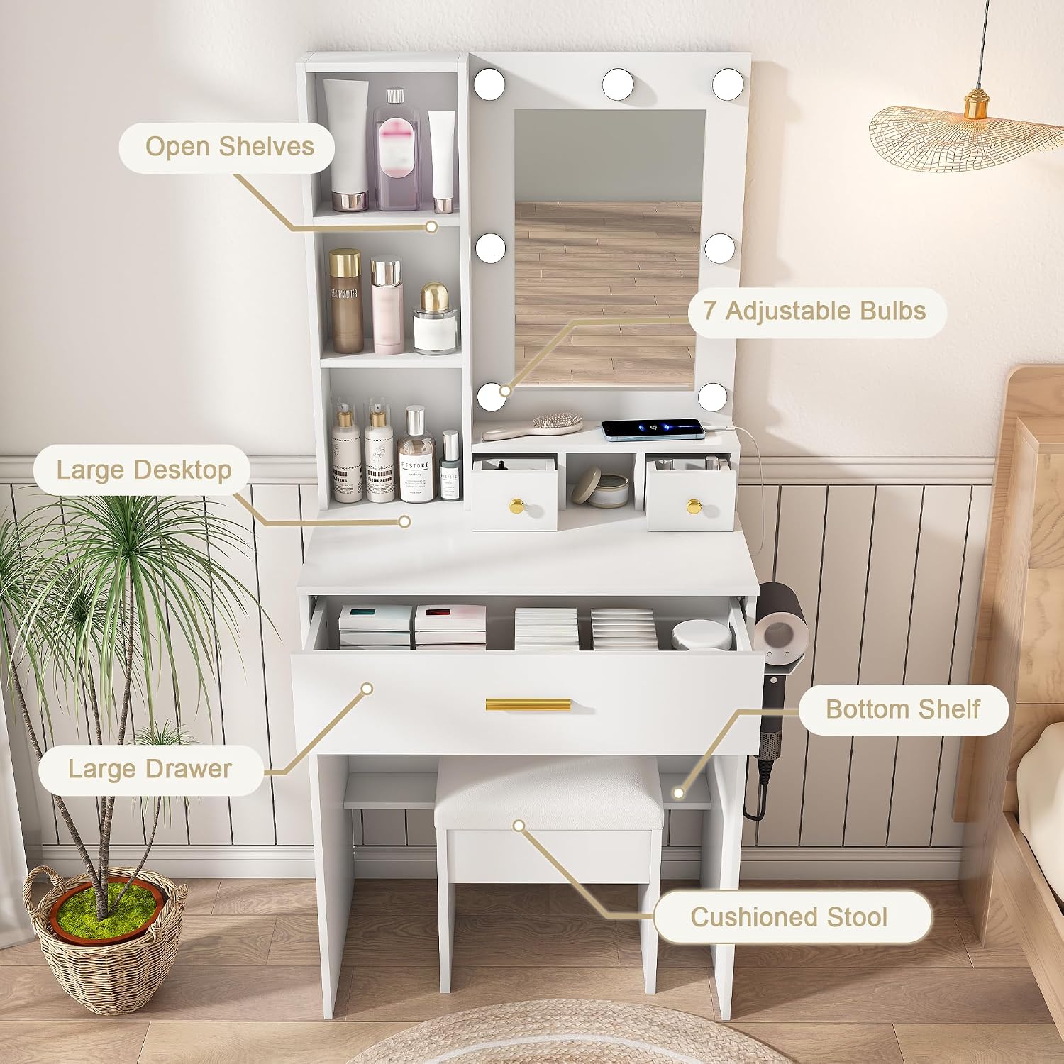 Runboll Small Vanity Desk with Mirror and Lights, Compact Makeup Vanity with Power Strip & Hairdryer Holder, Dressing Table Set with Stool, Drawers & Shelves
