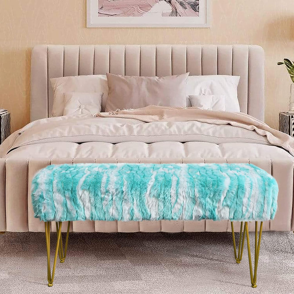 Blue Rectangle Long Bench Soft Faux Fur Ottoman 46'x16'x22' Sturdy Accent Furry Footrest Stool for Bedroom at The End of Bed Fuzzy Coffee Table for Living Room Closet Entryway Golden Legs