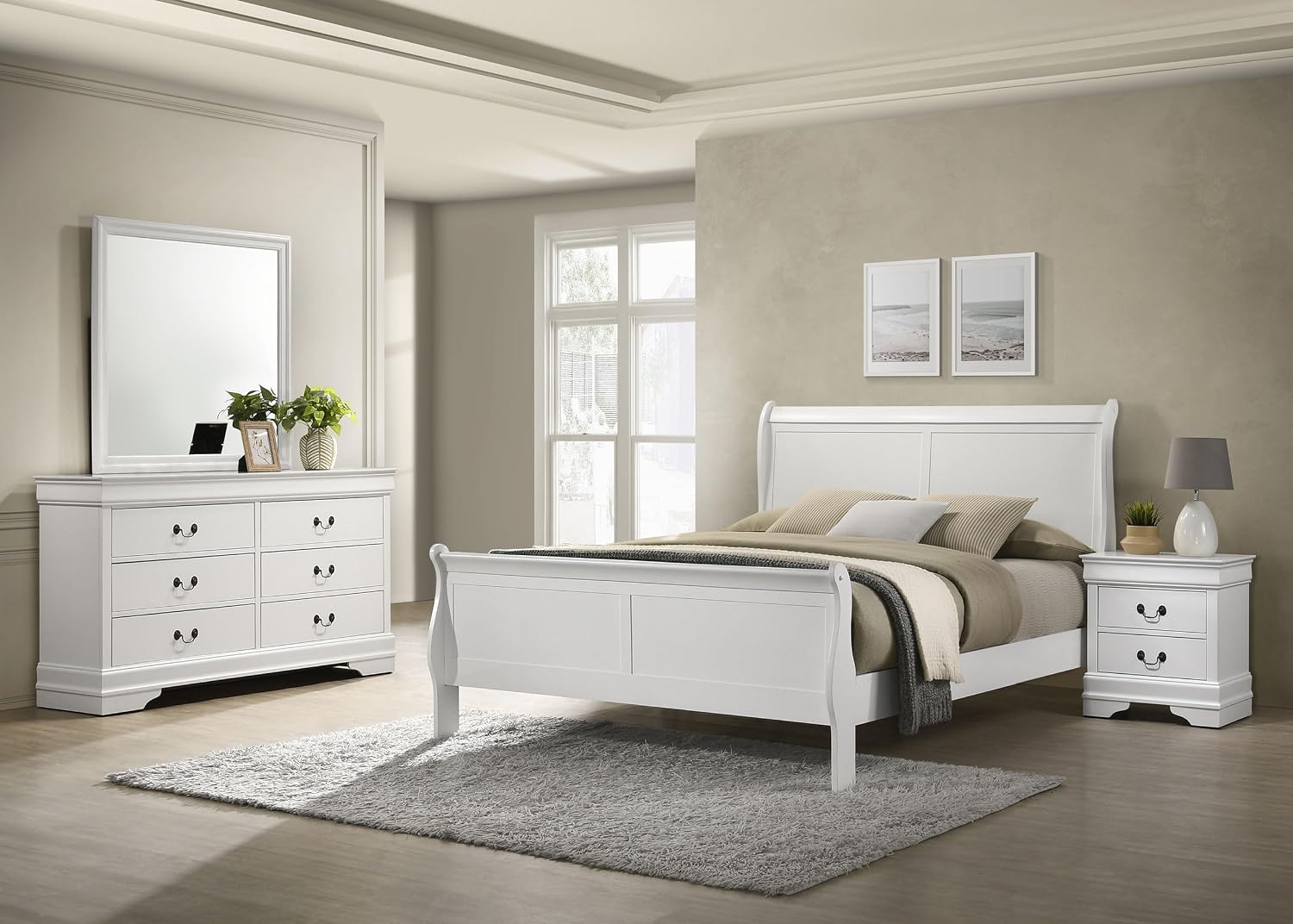 Coaster Home Furnishings Louis Philippe Traditional 4-Piece Bedroom Set Eastern King Size Sleigh Bed Frame 47-inch Headboard White 202441KE-S4