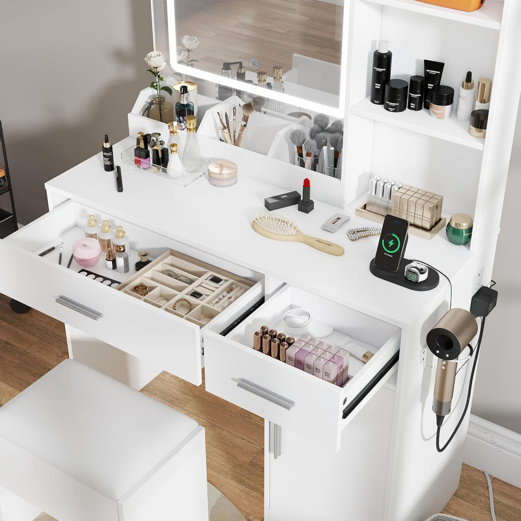 Roundhill Furniture Lavin Makeup Vanity Set, Vanity Desk with Stool, LED Light Mirror and Charging Station, White