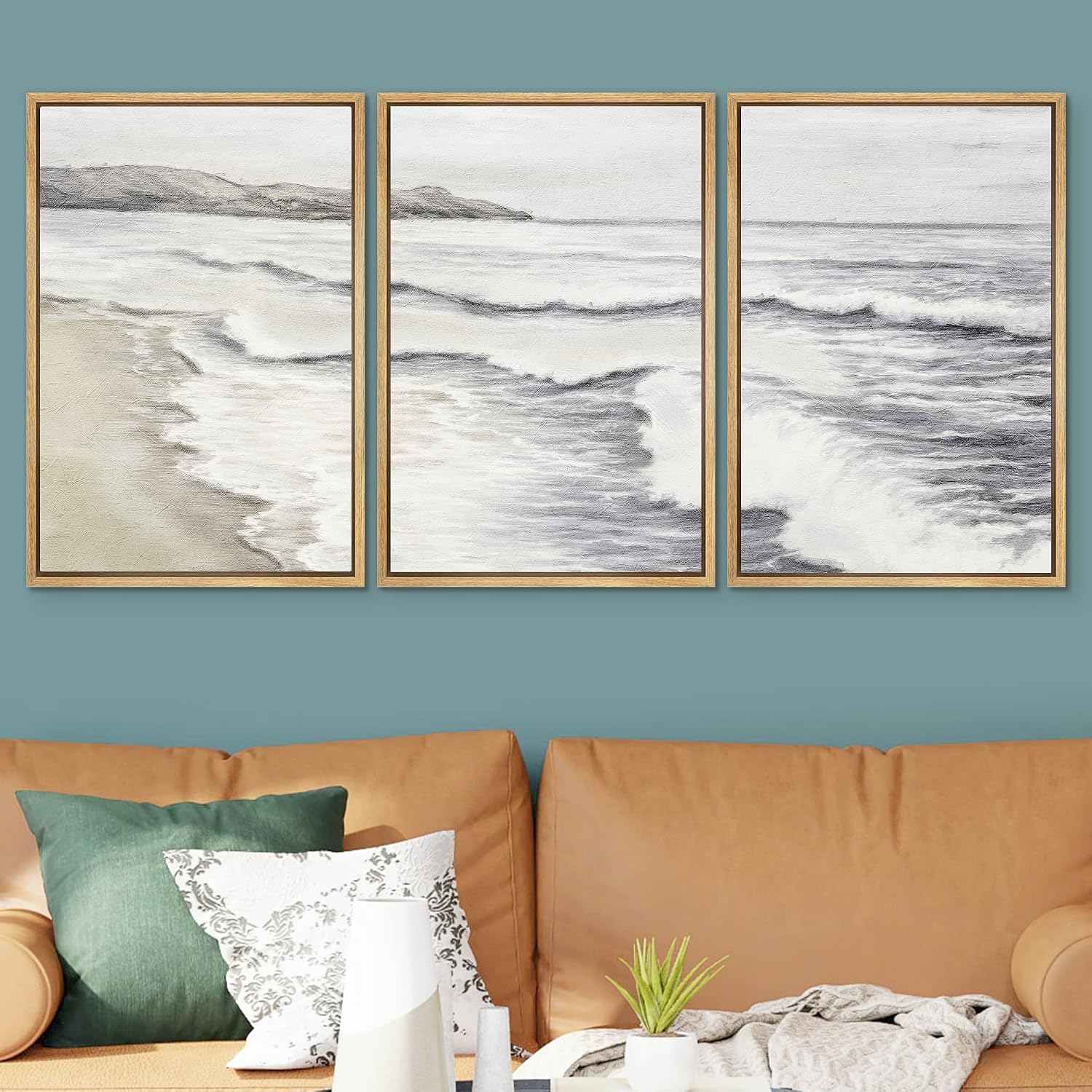 SIGNWIN Framed Canvas Print Wall Art Set Ocean Wave Beach Shore Seascape Nature Wilderness Illustrations Modern Art Decorative Scenic Rustic Zen for Living Room, Bedroom, Office - 16'x24'x3 Natural