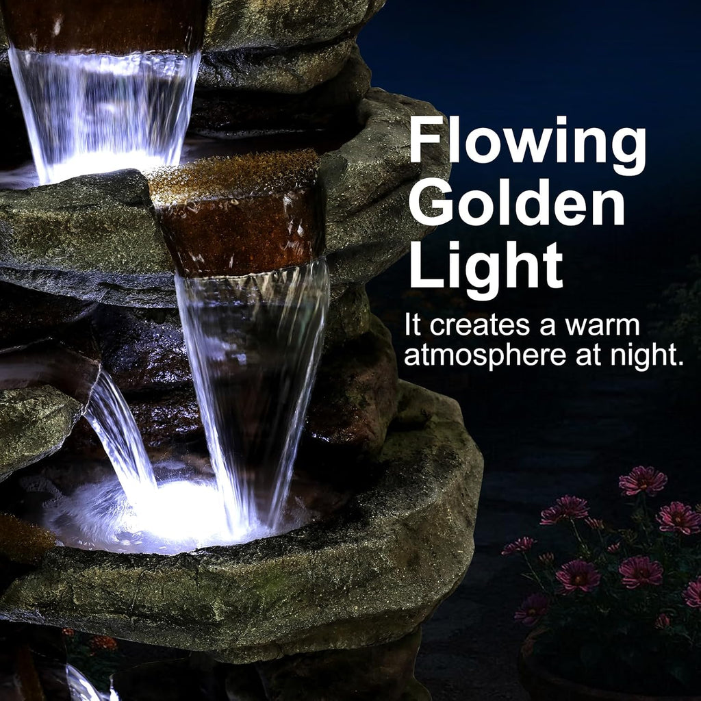 Naturefalls 60' High Outdoor Rock Water Fountain with LED Lights - Mutil-Tiers Poly-Resin Cascading Waterfall Fountain for Garden, Patio, Yard, Home Decor