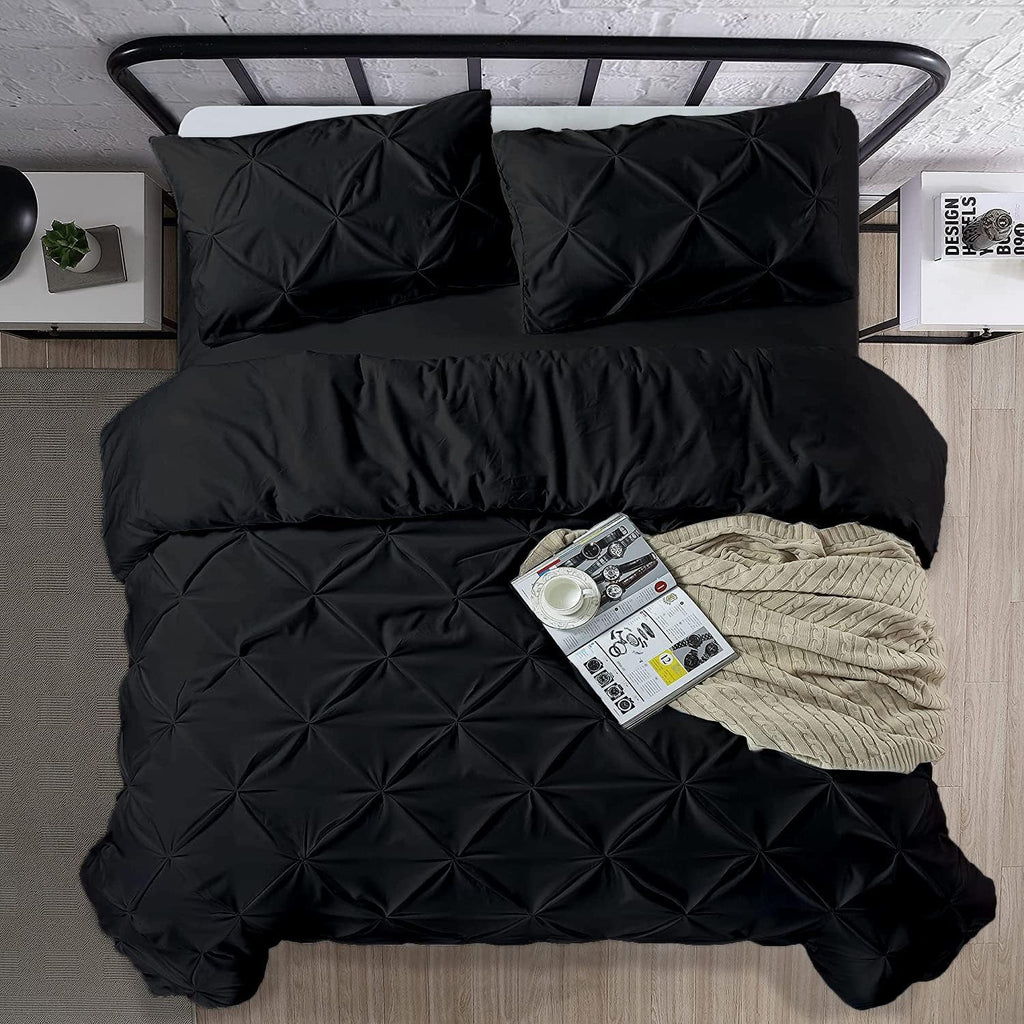 Crown Collection 1000-TC Hypoallergenic Ultra Soft Design 100% Egyptian Cotton Pinch Plated Duvet Cover with Zipper Colser & 2pcs Pillow Case Set (Eastern King Size (118' x 110'), Black)