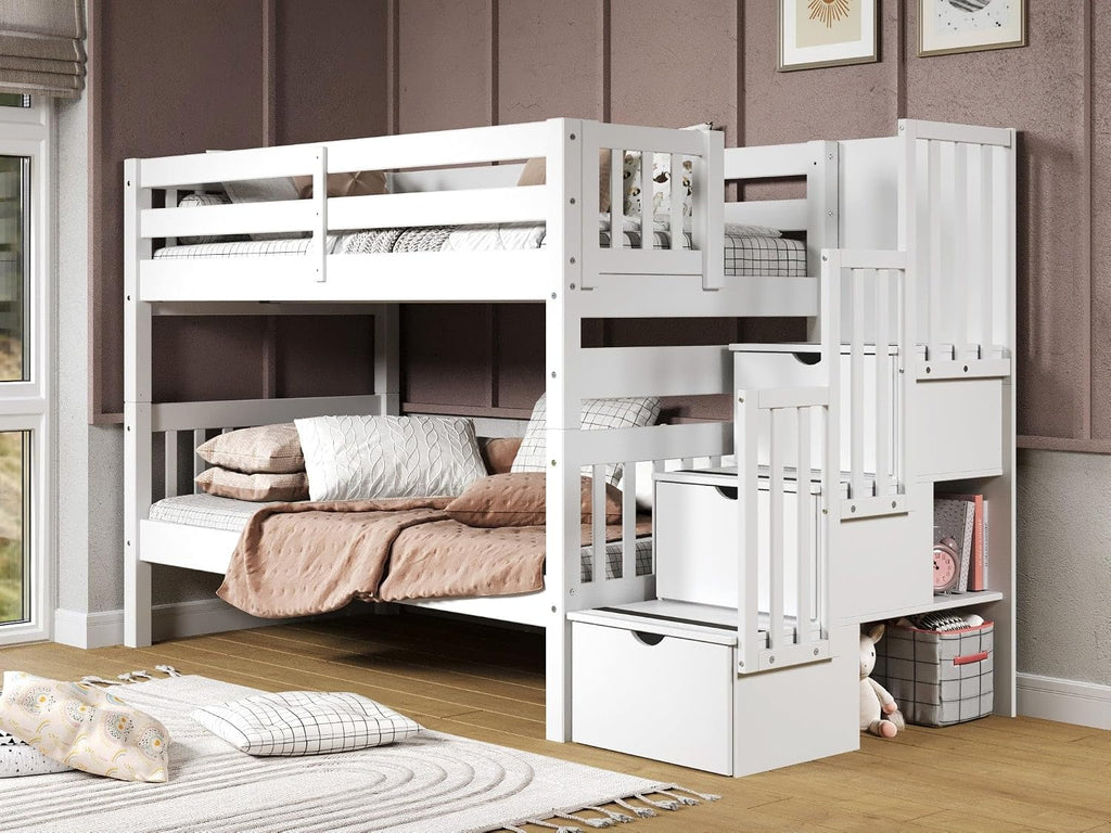 Bedz King Stairway Bunk Beds Twin Over Twin, 3 Step Drawers, White