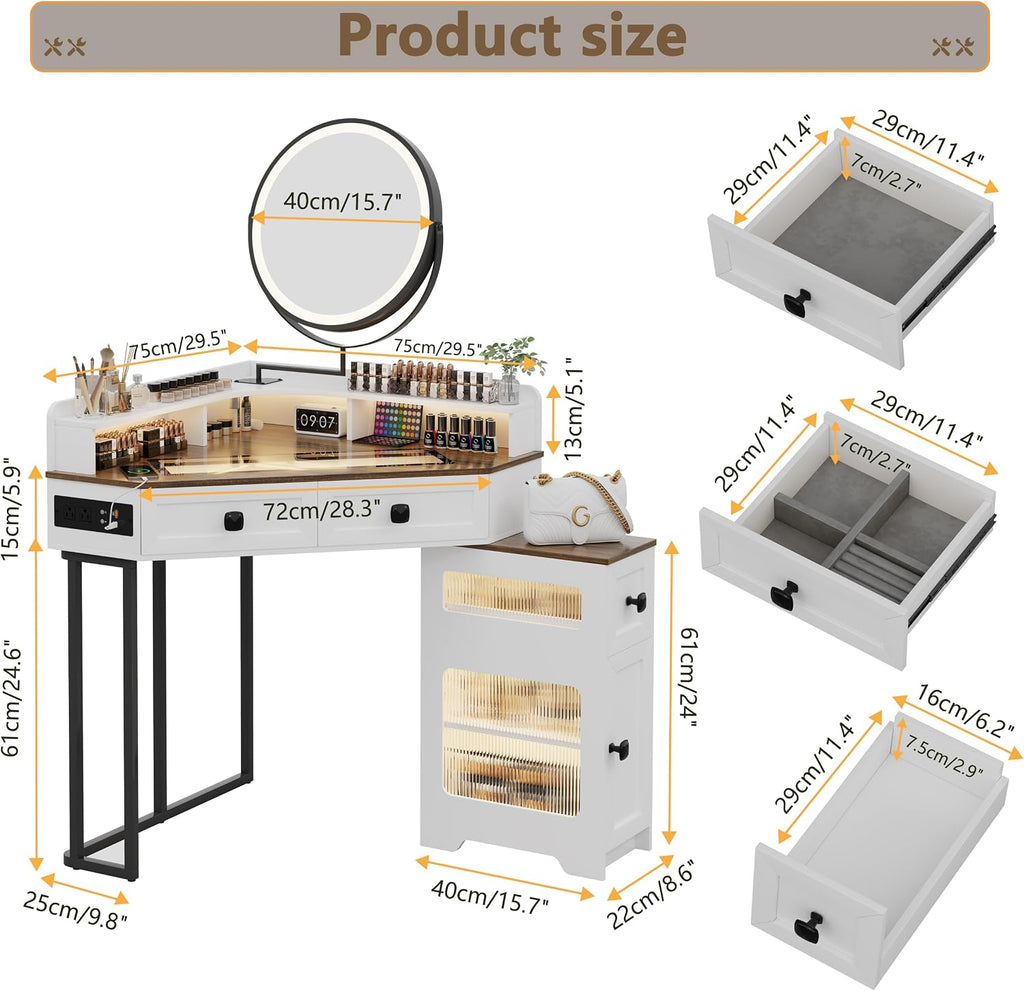 FREDEES Corner Vanity with Mirror and Lights,Modern Makeup Vanity Set with Charging Station for Bedroom/Cloakroom,Glass Top Vanity Table with Drawers and Shelves,White