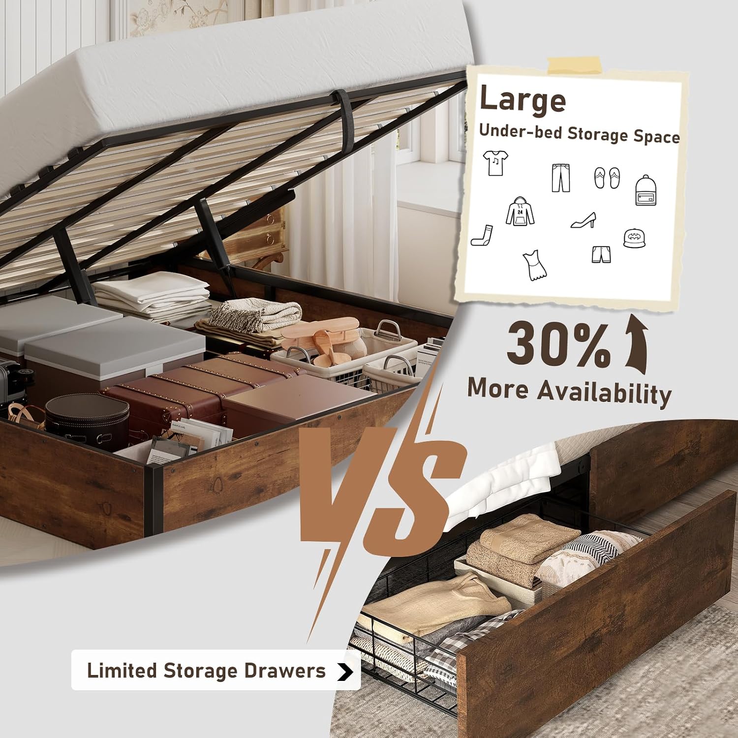 LUXOAK Lift Up Storage Bed Frame, King Size Wooden Slats Platform Bed Frame with Ample Storage Underneath, No Box Spring Needed, Noise Free, Rustic Brown
