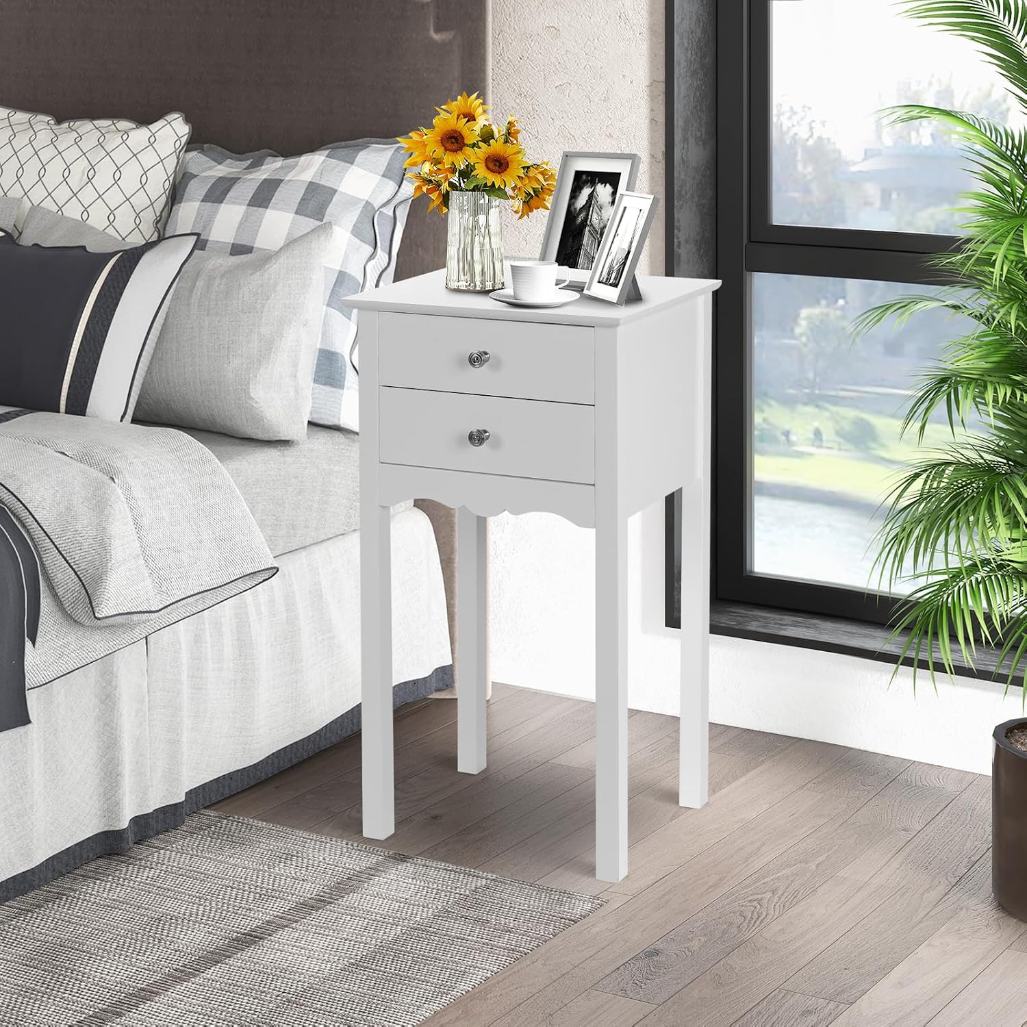 Giantex 2 Pcs End Table w/ 2 Drawers Side Table Nightstand Multi-Purpose Accent Table Living Room Bedroom Home Furniture (2, White)
