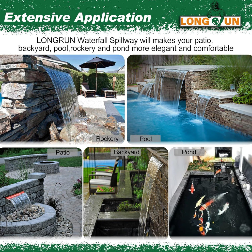 LONGRUN Waterfall Spillway, APP Control Multi-Color LED Light Outdoor Pool Fountain, Acrylic Water Spillway Koi Pond Waterfalls Fountains Kit for Garden Patio Swimming Pool Decoration-23.6'