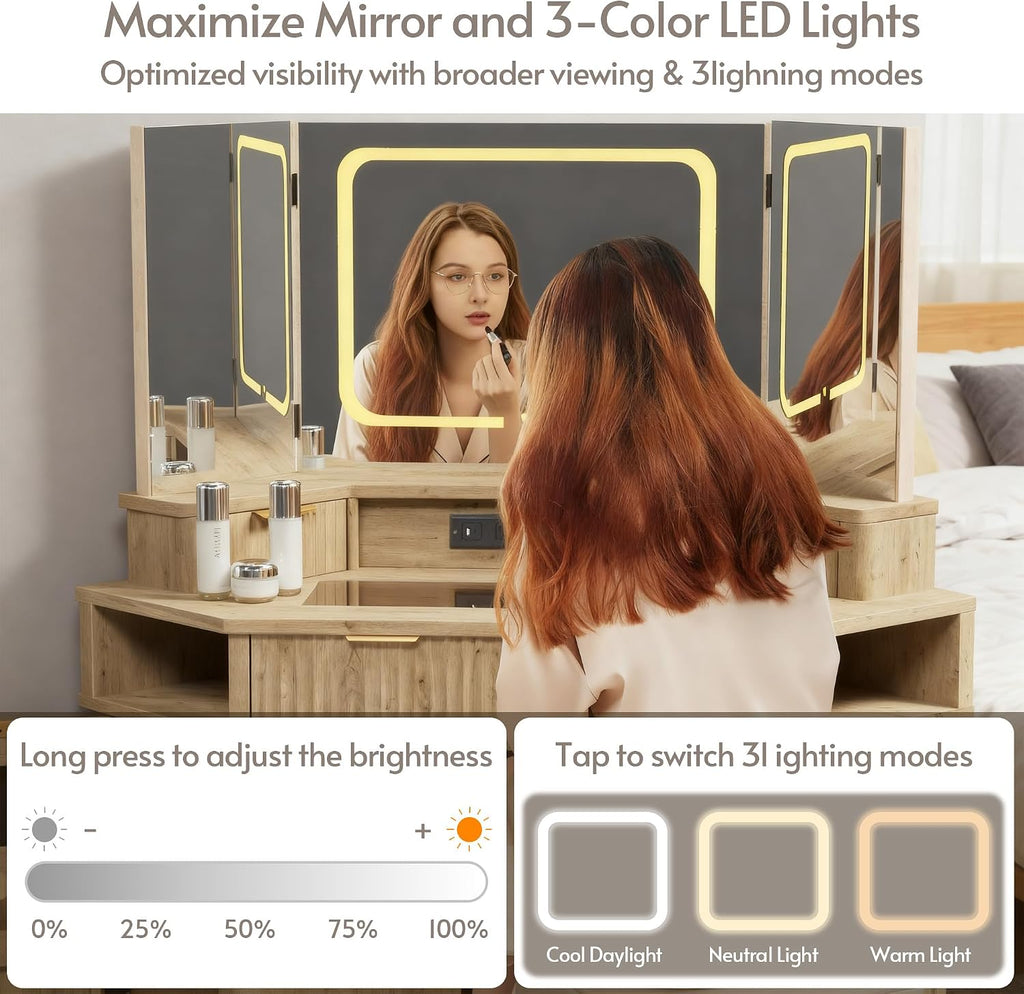 ENSTVER Corner Vanity with Clear Glass Top, 47' Corner Makeup Vanity Desk with Large Mirror and Lights, Fluted Wooden Vanity Wall-Mounted Jewelry Storage for Bedroom, Oak