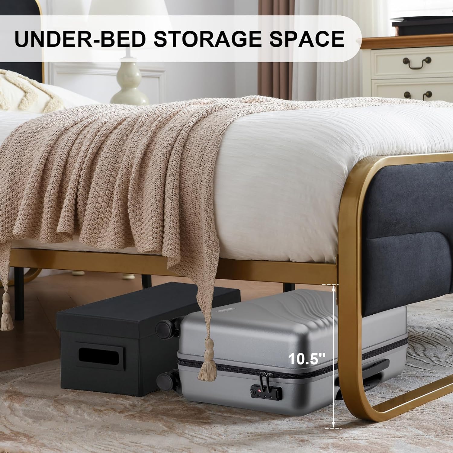 VELOCAVA Rounded Metal Upholstered Bed Queen with Unique Headboard, Soft Velvet Platform Bed Storage Supported by Metal Base and Wooden Slats, No Box Spring Needed,Gold & Black