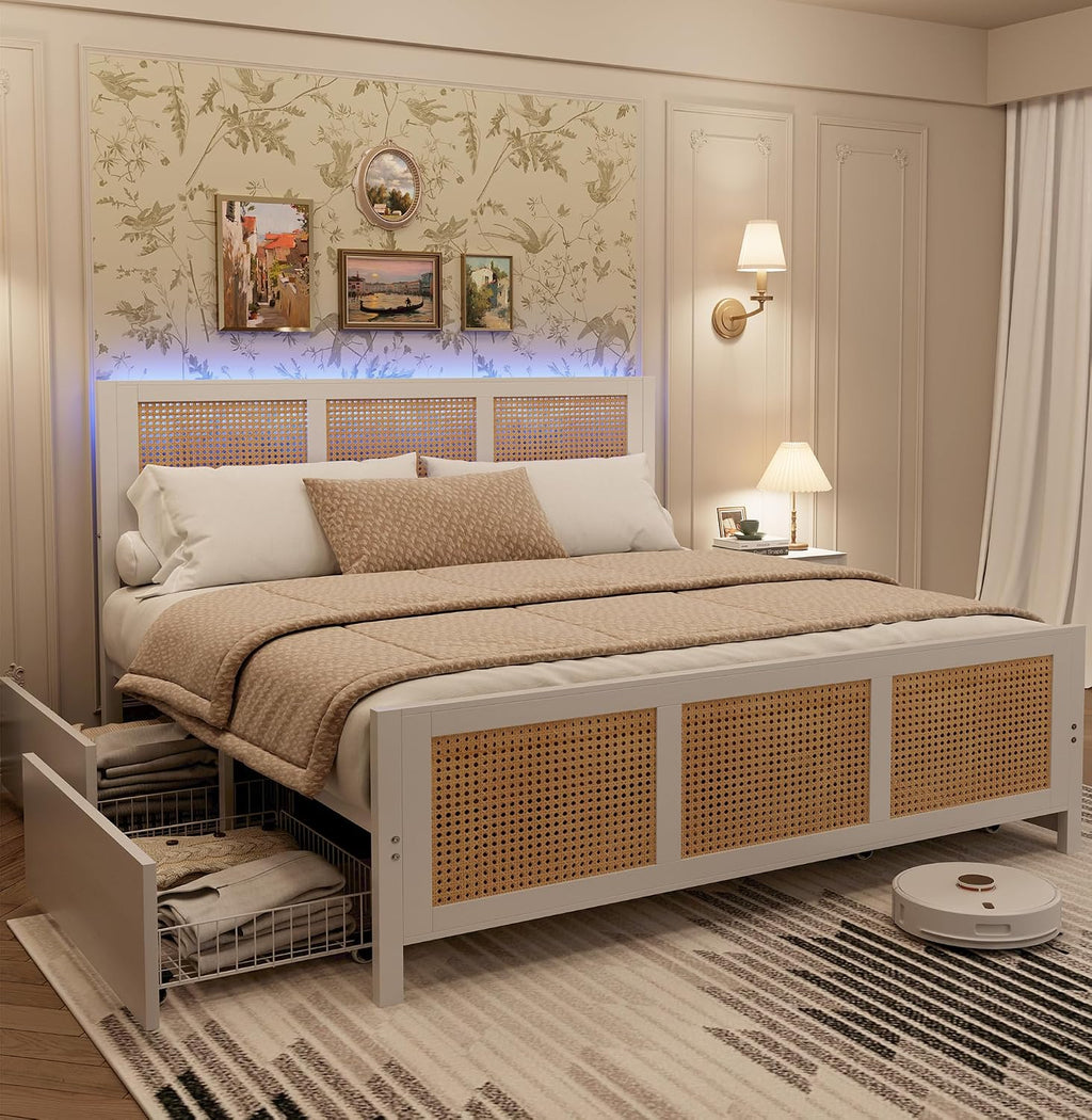 IDEALHOUSE Rattan Bed Frame with Storage Drawers, Boho Full Size Led Bed Frame with Strong Metal Slats Support, No Box Spring Needed, Noise-Free Design, White