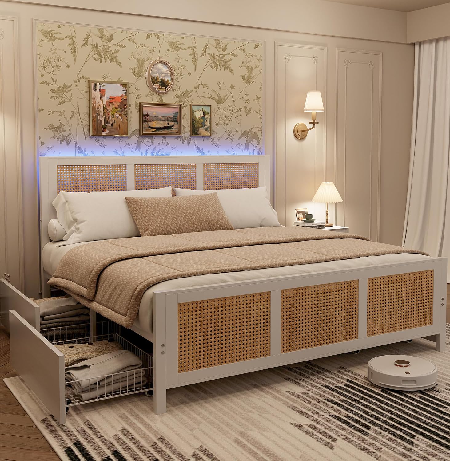 IDEALHOUSE Rattan Bed Frame with Storage Drawers, Boho Full Size Led Bed Frame with Strong Metal Slats Support, No Box Spring Needed, Noise-Free Design, White
