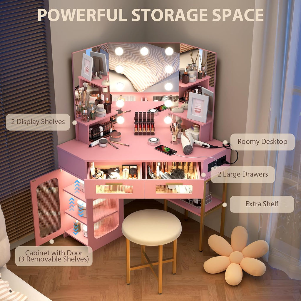 Lareth Corner Vanity Desk with 3 Way Mirror and Lights, Modern Makeup Vanity with Charging Station, Stool, 45.5' Large Bedroom Dressing Table with 2 Drawers & Shelves, Gifts for Girls Women, Pink