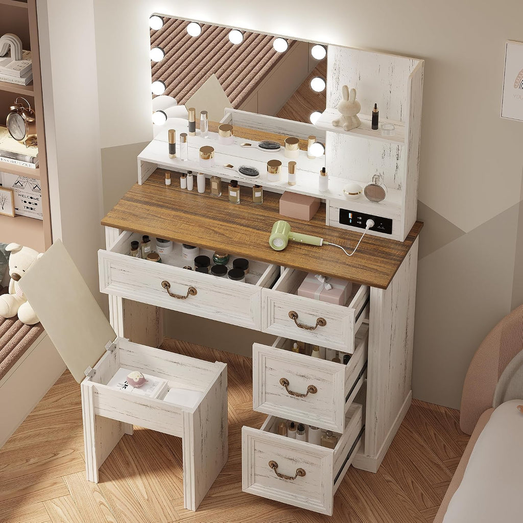 Lareth Farmhouse Vanity Desk with Lighted Mirror & Power Outlet, 39 inch Rustic Makeup Vanity Table with Drawers and Stool, Hollywood Mirror with Lights, White Dressing Table for Women Girls Gifts