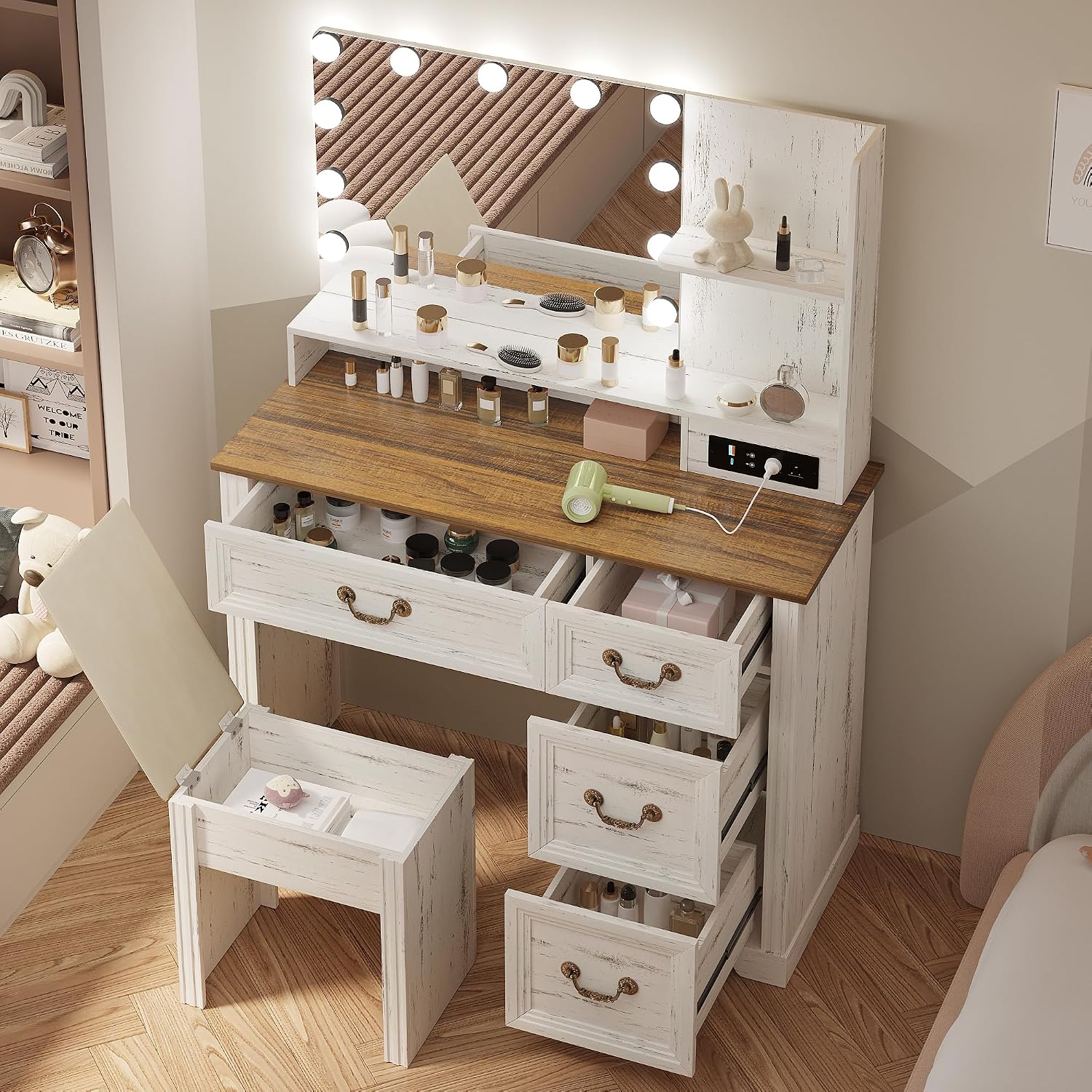 Lareth Farmhouse Vanity Desk with Lighted Mirror & Power Outlet, 39 inch Rustic Makeup Vanity Table with Drawers and Stool, Hollywood Mirror with Lights, White Dressing Table for Women Girls Gifts