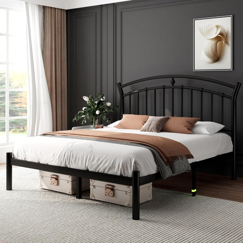 Feonase Queen Black Bed Frame, Heavy-Duty Metal Bed Frame with 13 Hardened Steel Slats, 12' Under-Bed Storage, Noise-Free, Easy Assembly