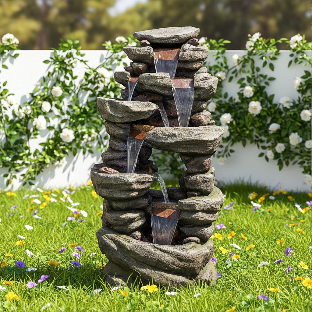 Naturefalls 60' High Outdoor Rock Water Fountain with LED Lights - Mutil-Tiers Poly-Resin Cascading Waterfall Fountain for Garden, Patio, Yard, Home Decor