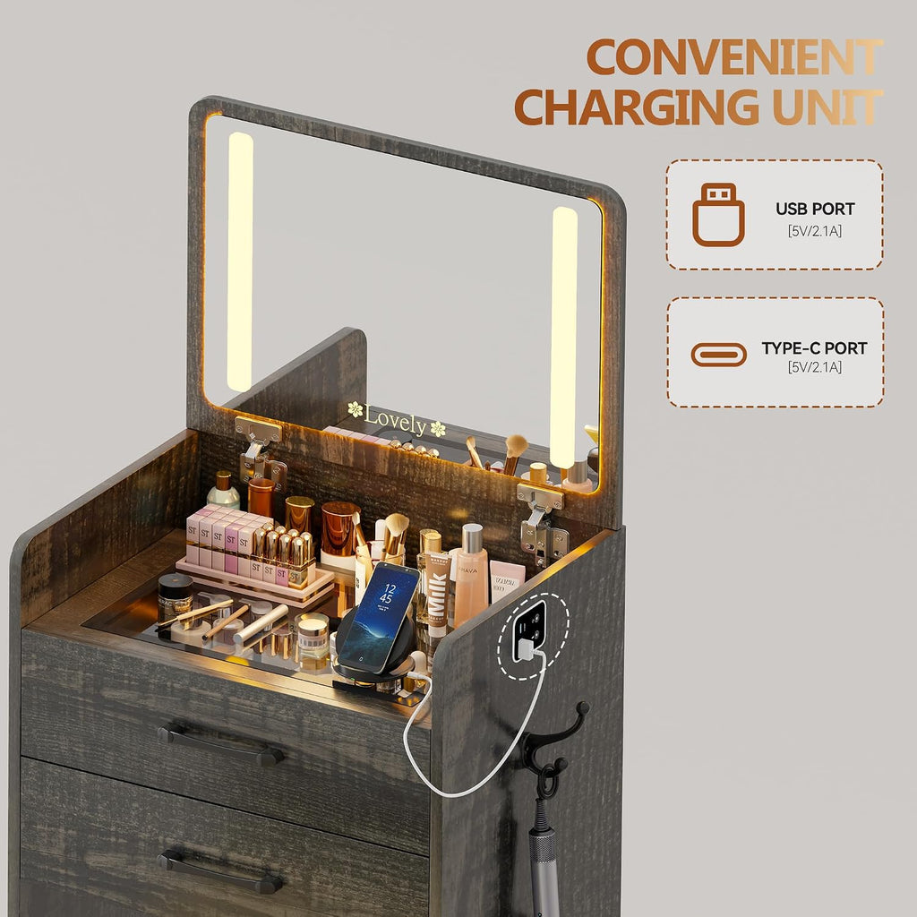 3 in 1 Vanity Desk with Flip up Mirror and Lights, Glass Top Makeup Vanity Table with Charging Station,LED Compact Dressing Table with 3 Drawer and Wheel Storage Stool for Bedroom(Brown)