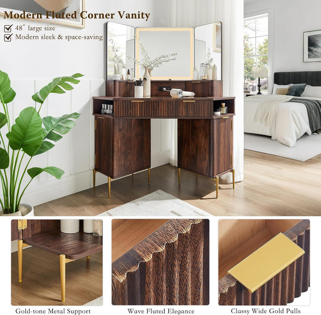 T4TREAM 48' Fluted Makeup Vanity Desk with HD Triple Mirror and Lights, Large Lighted Corner Vanity with Glass Top, Modern Dressing Table with 3 Drawers & 2 Cabinets for Bedroom, Dark Walnut